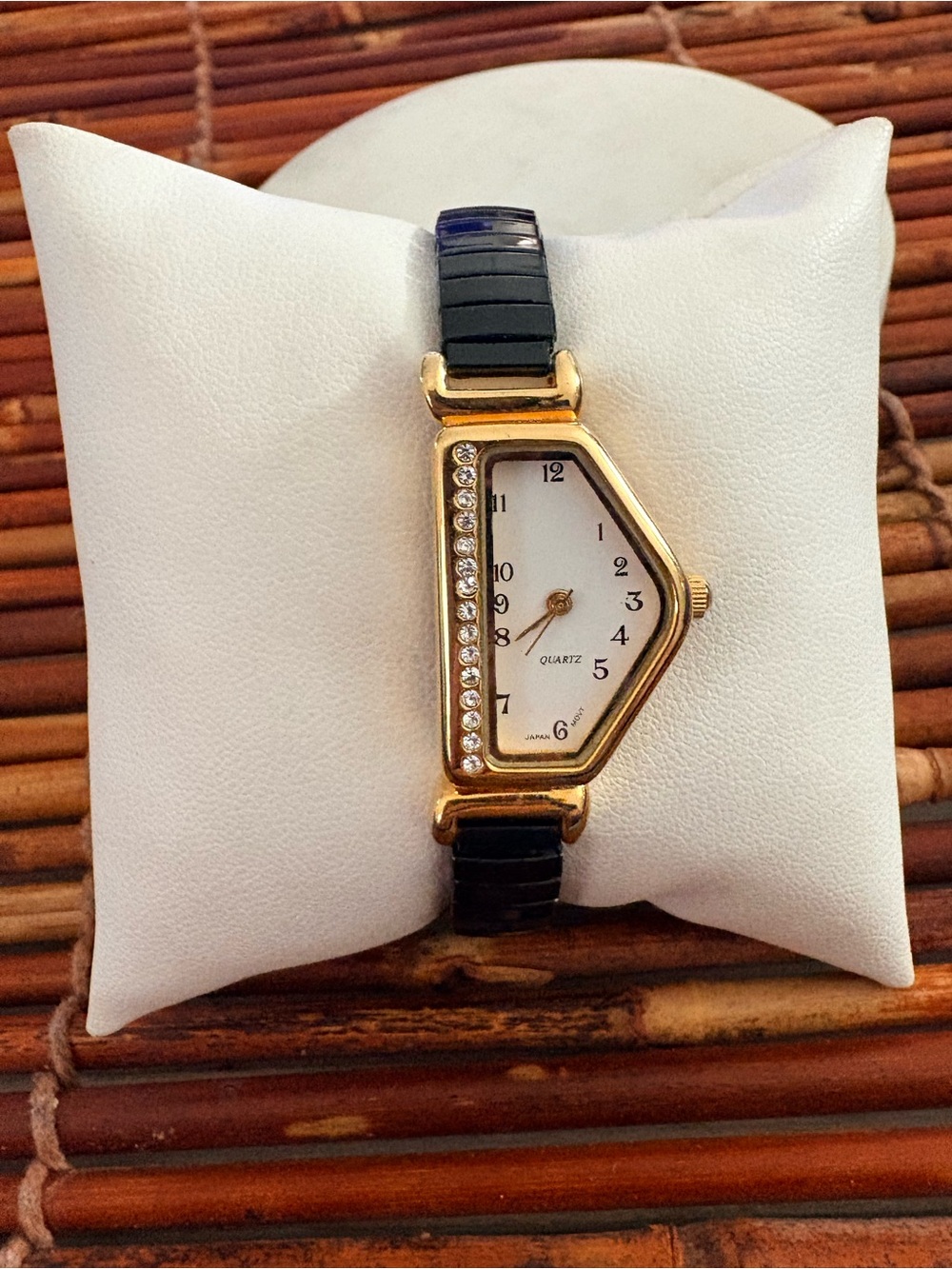 Asymmetrical Gold Tone Quartz Watch Black Band & Crystal Accent Needs Battery
